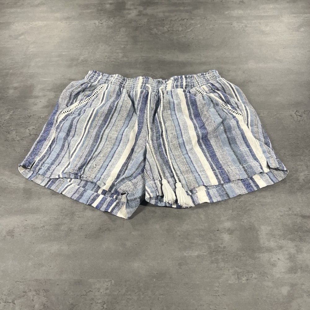 Linen Knit Shorts S M White‎ Blue Stripe Micro Mini Elastic Waist High Rise